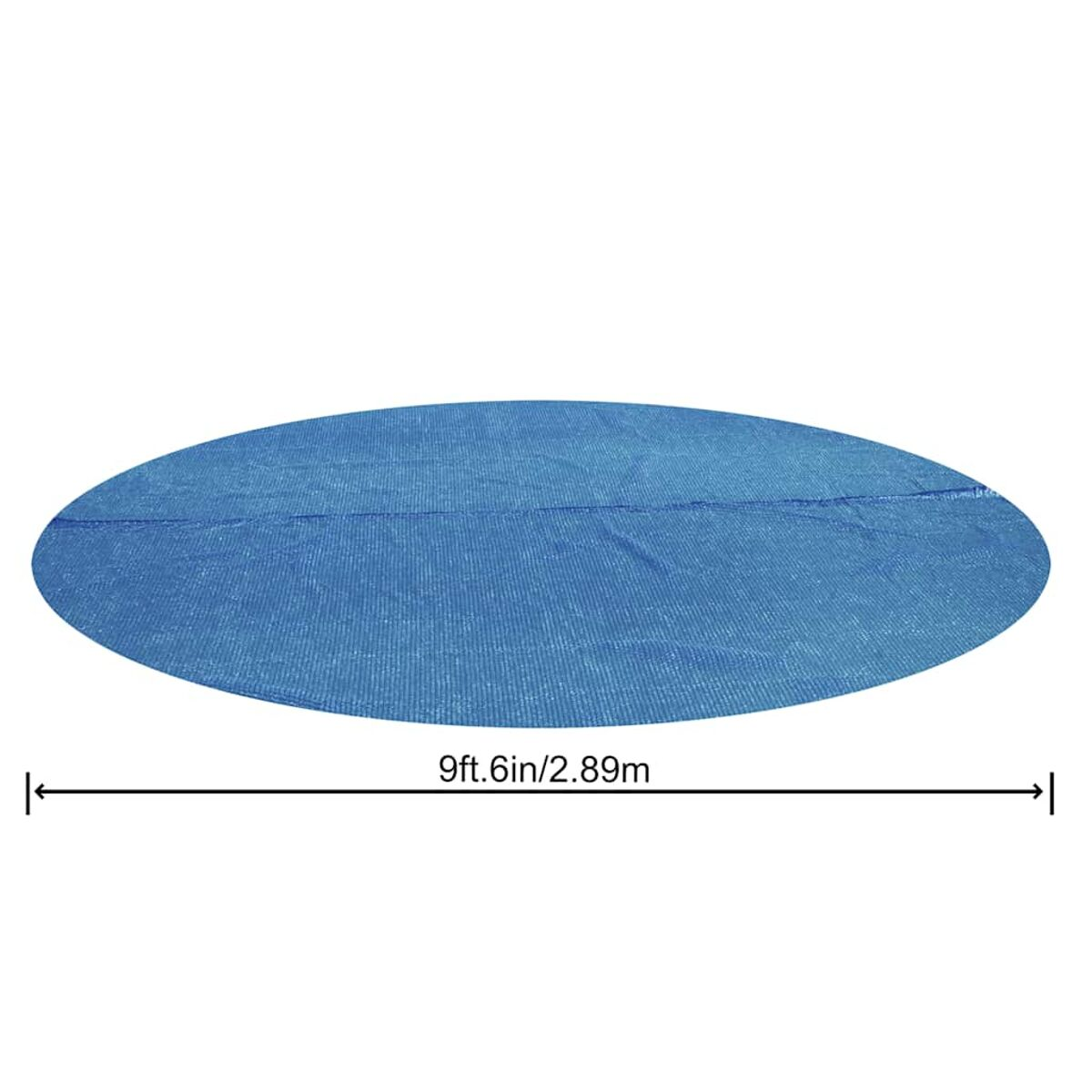 Blaue ovale Poolabdeckung mit Maßen.