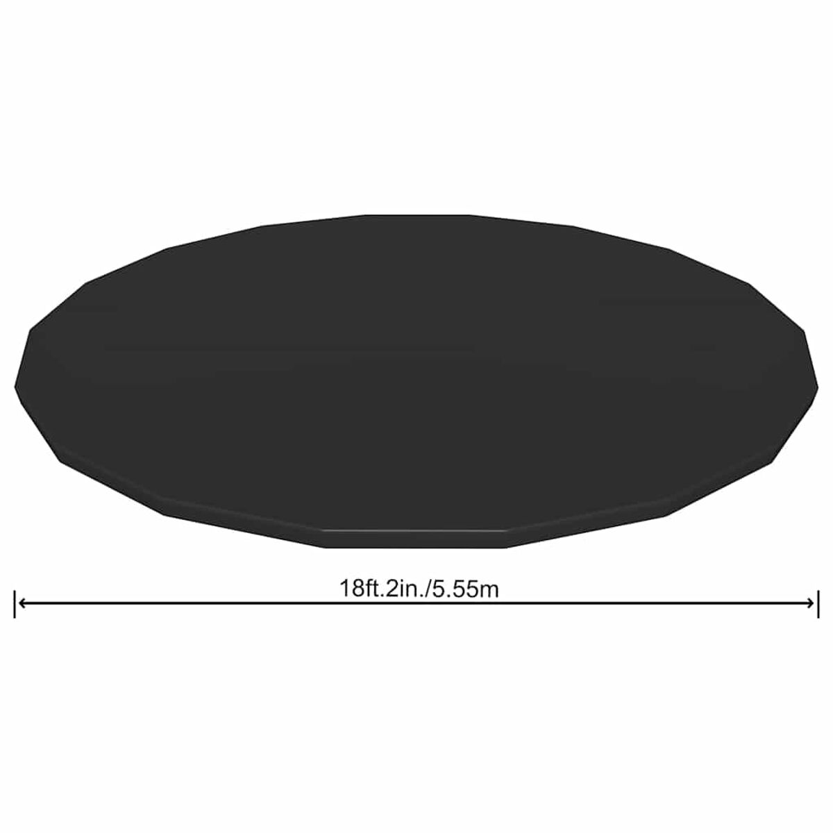 Schwarze, ovale Tischdecke mit Maßangabe.