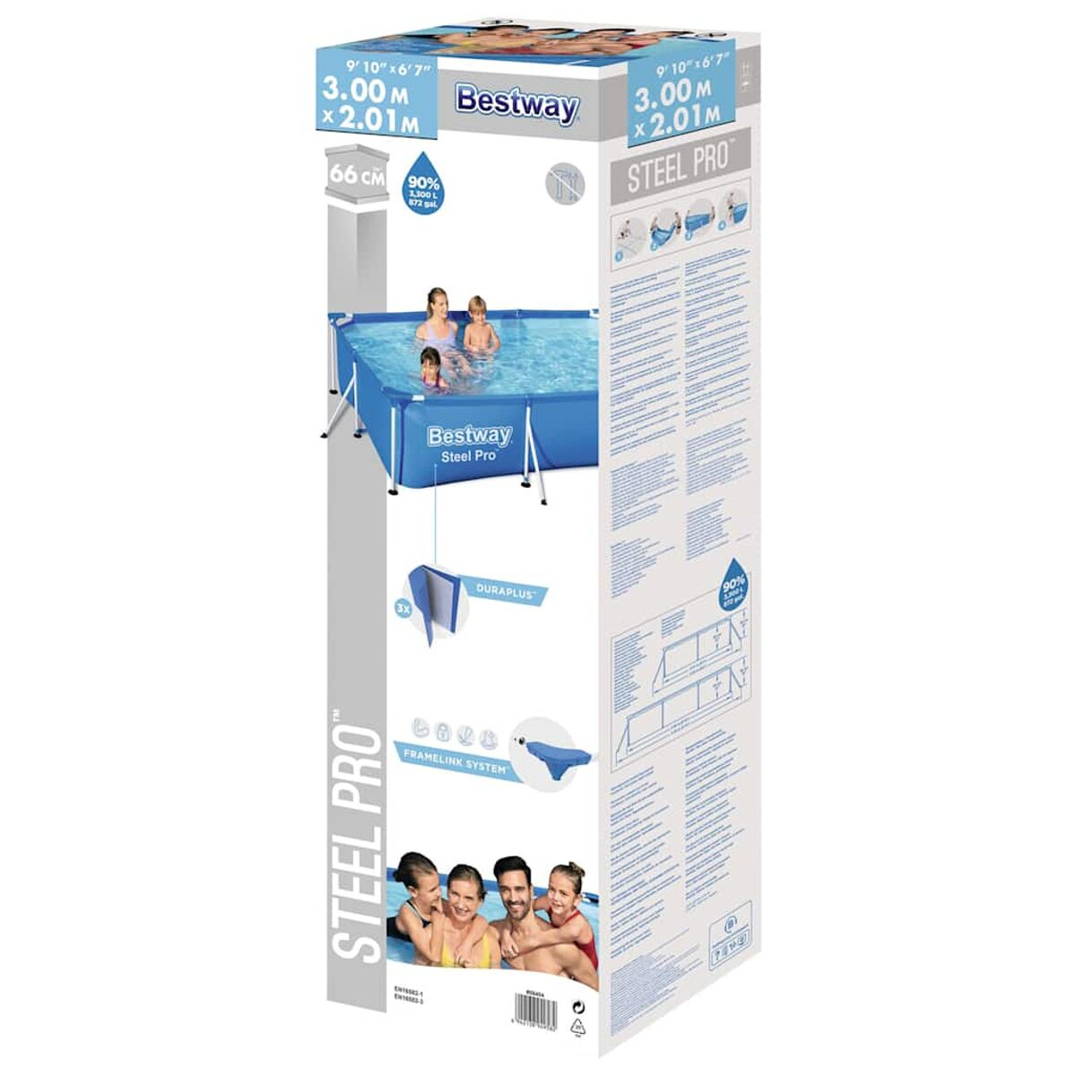 Bestway Steel Pro oberirdischer Pool-Karton. Zeigt Poolbild und Abmessungen. Weißer Hintergrund.