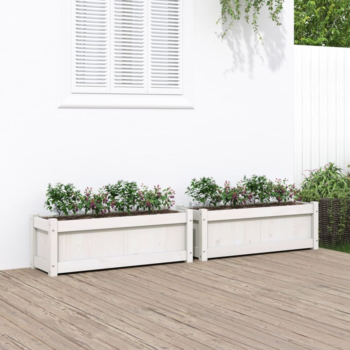 Zwei weiße Holzpflanzkästen mit grünen Pflanzen und Blumen auf einer Holzterrasse, nahe einer weißen Wand.