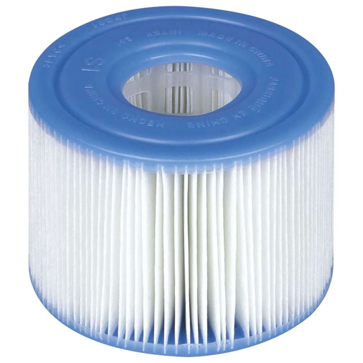 Cartuccia filtrante per piscina cilindrica con coperchio blu. È bianca con sezioni pieghettate verticali.