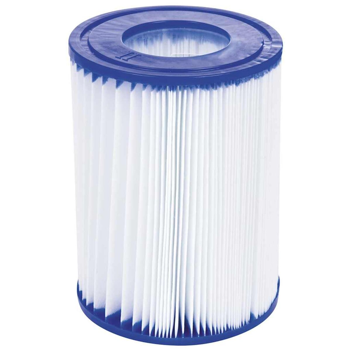 Eine weiß-blaue Poolfilterpatrone.