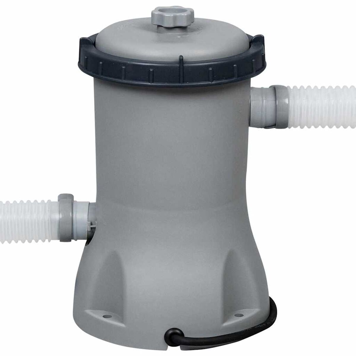 Ein grauer Poolfilter mit zwei weißen Schläuchen. Er hat einen schwarzen Deckel mit Griff.