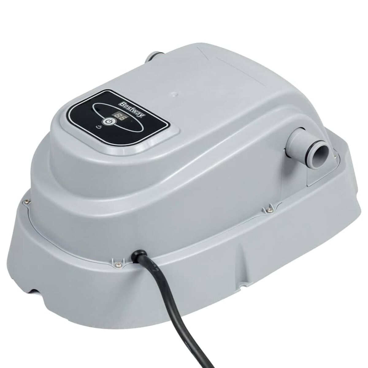 Graue Bestway Spa-Pumpe. Verfügt über ein digitales Display und ein schwarzes Netzkabel.