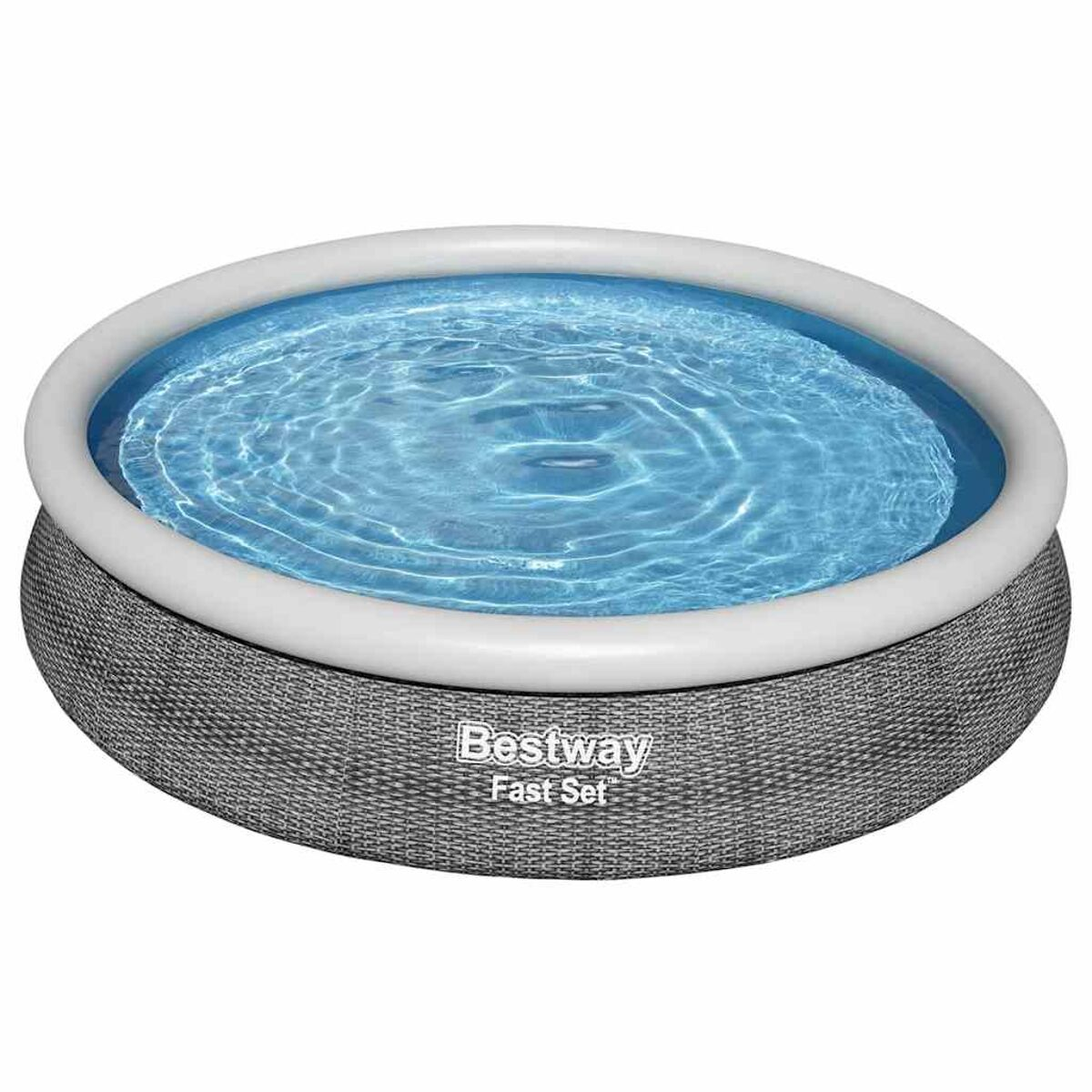 Aufblasbarer runder Pool mit blauem Wasser. Der Pool hat ein graues Webmuster mit weißem Rand.