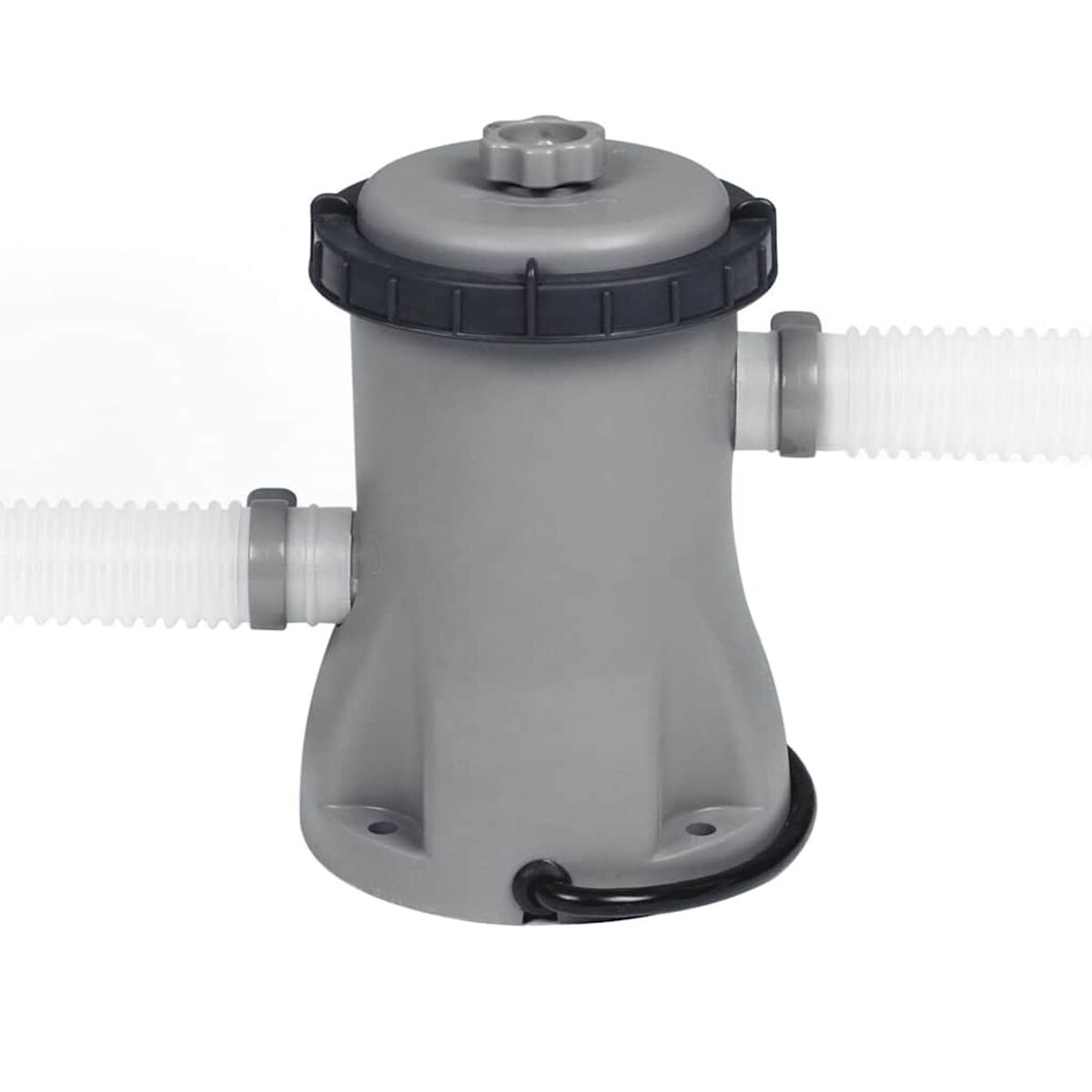Ein graues Wasserfiltersystem mit zwei weißen Schläuchen und einem schwarzen Deckel mit Knauf.