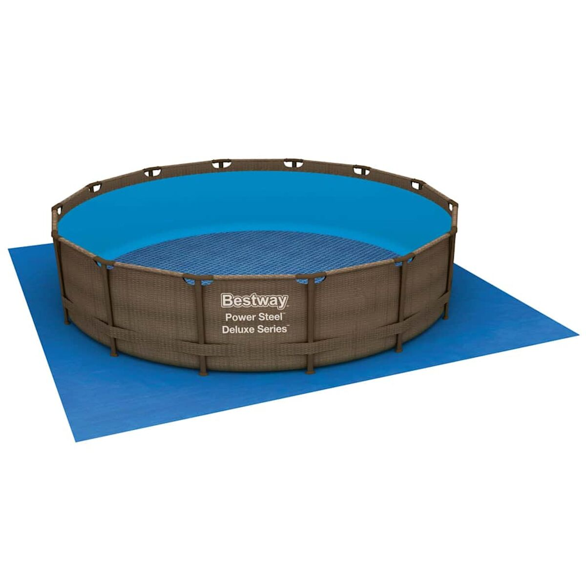 Runder Aufstellpool, braune Außenverkleidung im Wicker-Stil, blaue Innenausstattung. Auf blauer Matte.