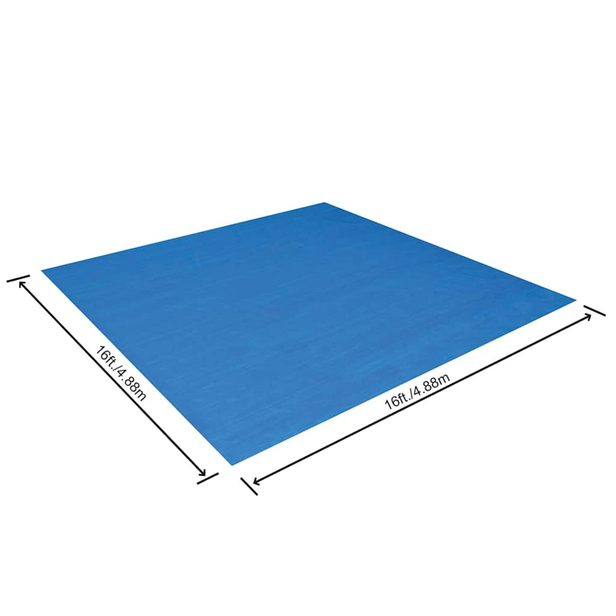 Eine blaue quadratische Plane mit Abmessungen. Weißer Hintergrund.