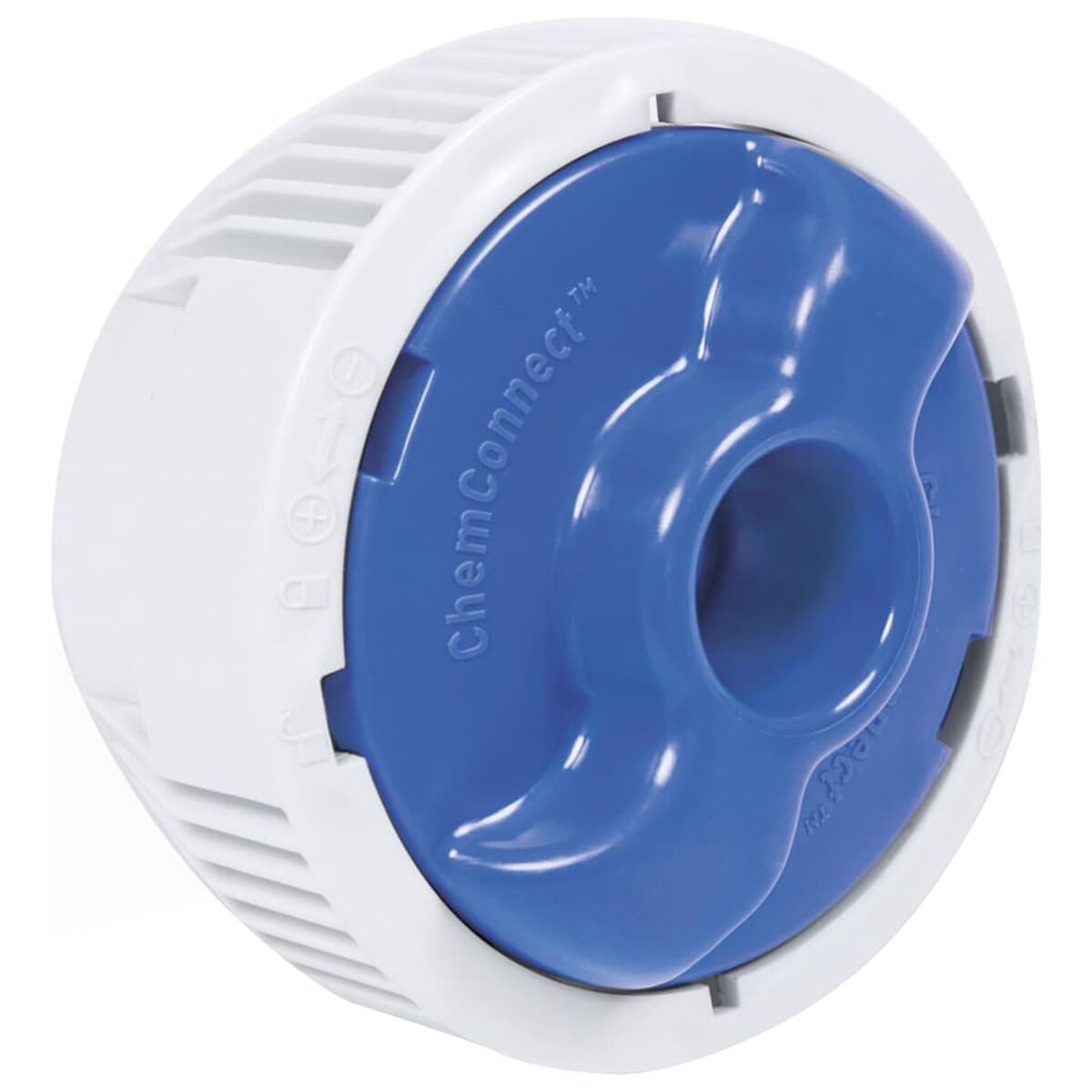 Ein weißes und blaues ChemConnect™ Ventil mit blauem Deckel und weißer Seite.