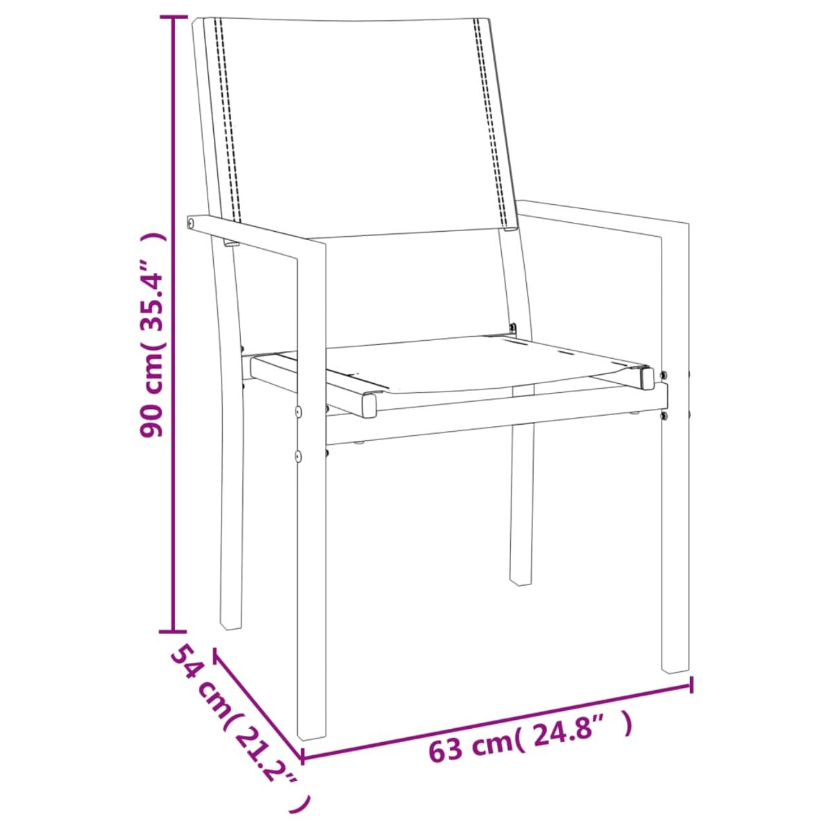 Strichzeichnung eines Stuhls mit Maßen: 90cm hoch, 54cm breit, 63cm tief.