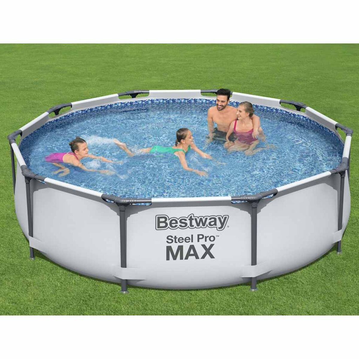 Ein Bestway Steel Pro MAX Aufstellpool mit schwimmenden Personen.