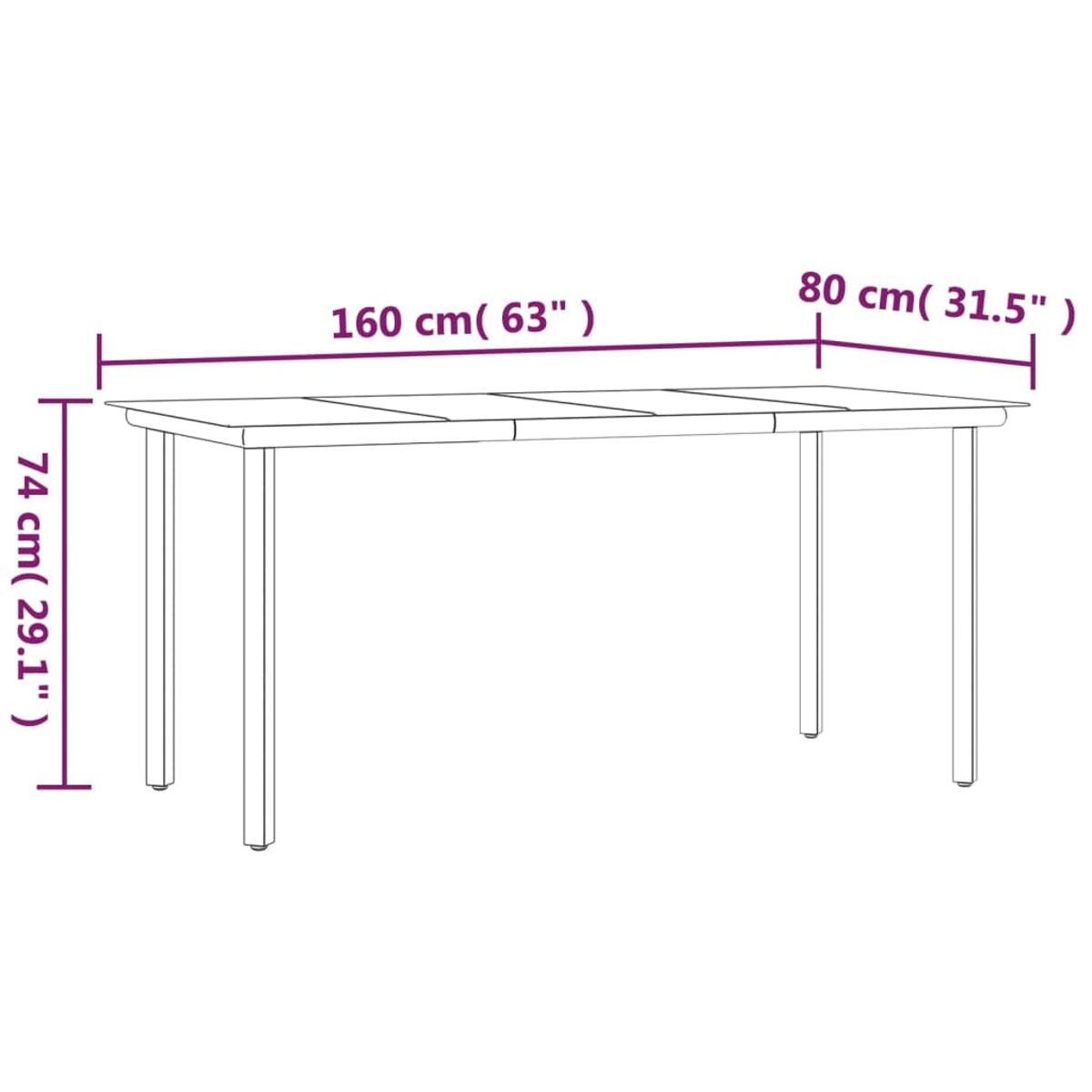 Tisch mit Abmessungen. 160cm lang, 80cm breit und 74cm hoch.