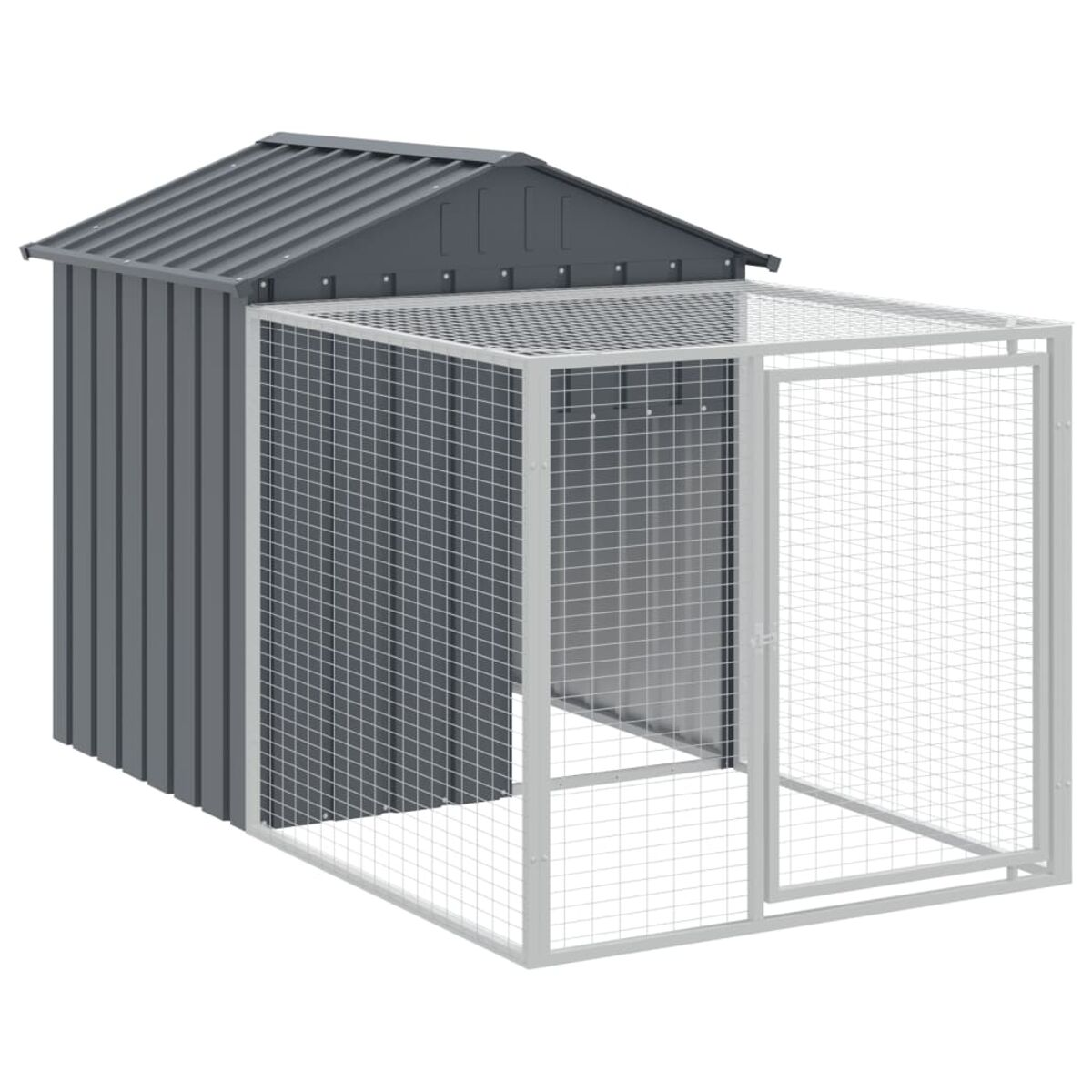 Metall-Haustierschutzhütte mit Dach und Gittern. Offene Tür an der Seite.
