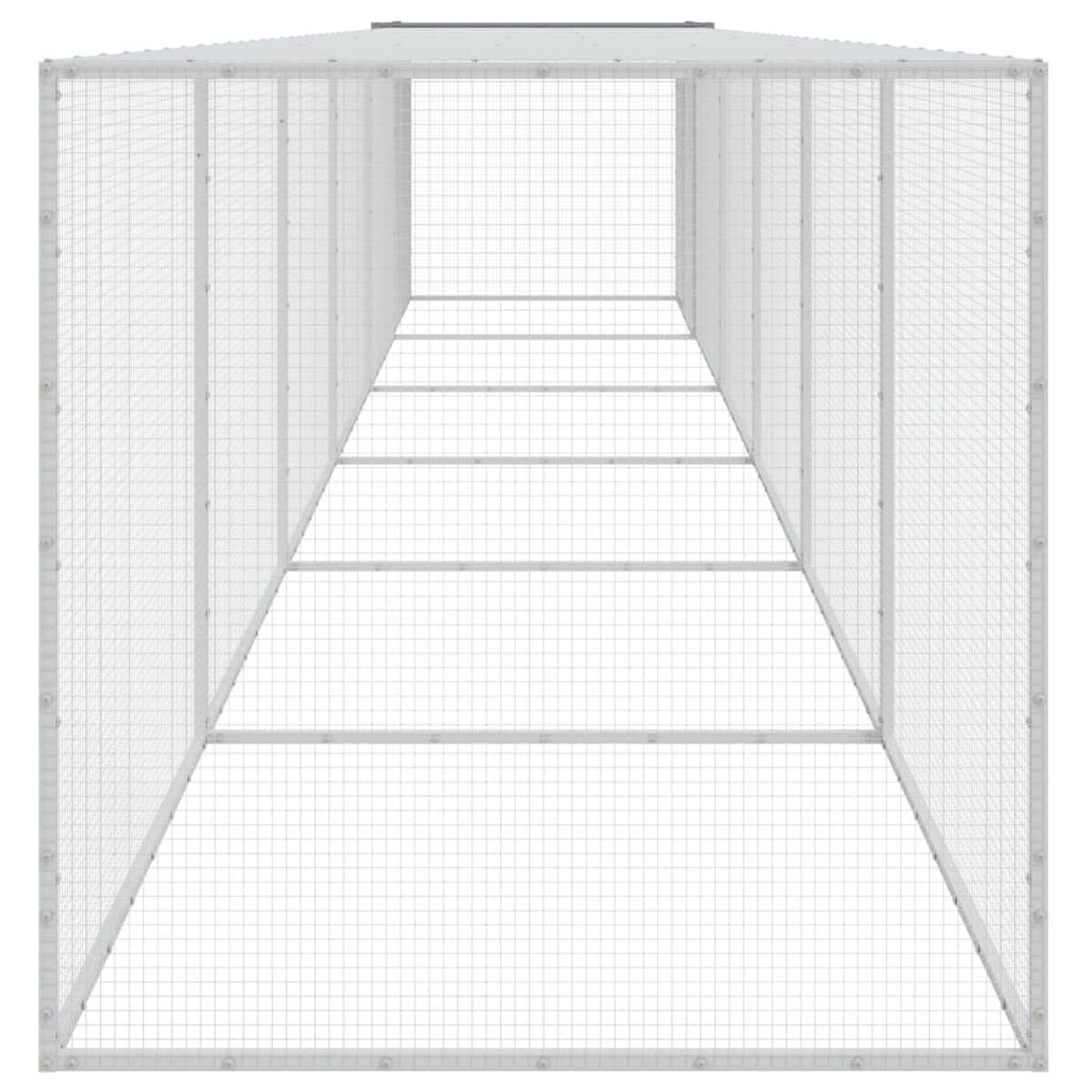 Ein Drahtgittertunnel mit Metallrahmen, Perspektivansicht, weißer Hintergrund, an beiden Enden offen.