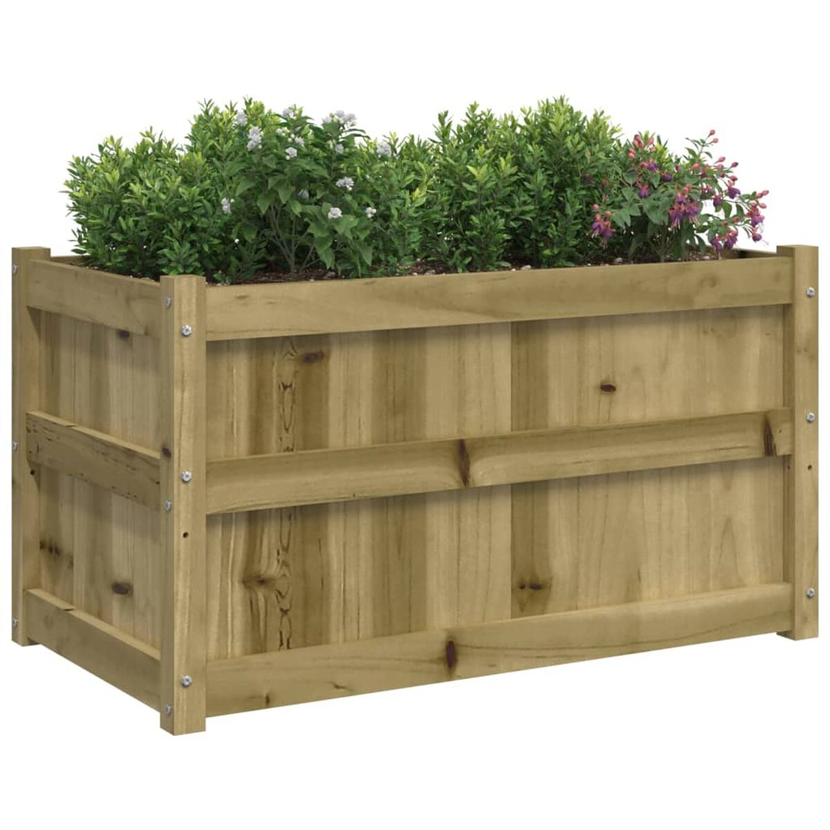 Rechteckiger Holzpflanzer mit Pflanzen und Blumen.