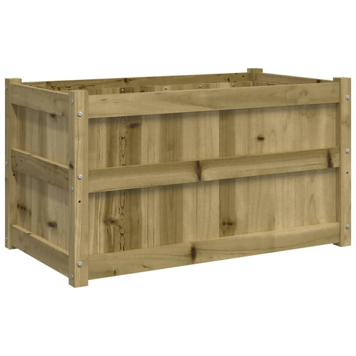 Eine hellbraune Holzkiste mit horizontalen Brettern.