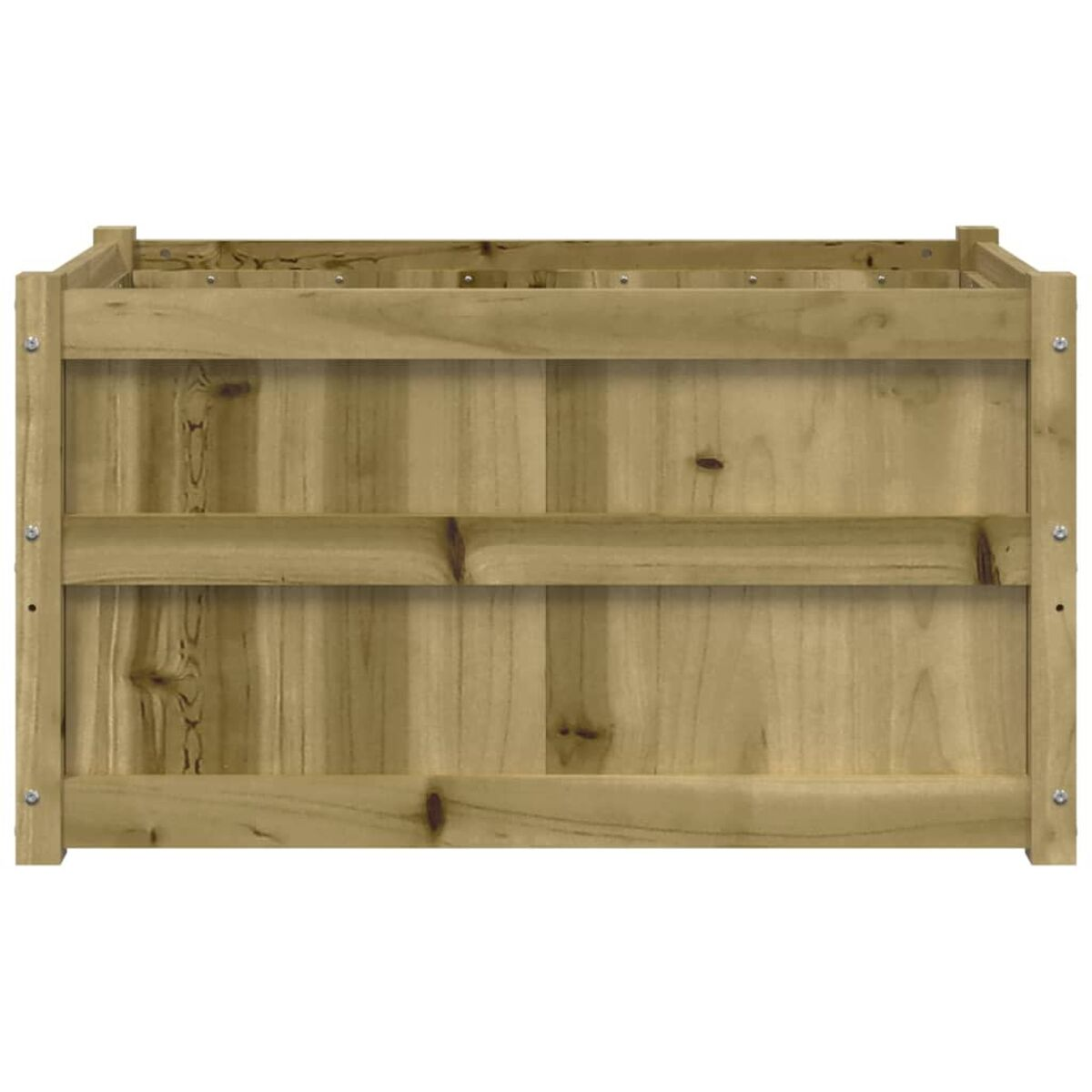 Eine hölzerne Pflanzkasten mit zwei Regalen, von vorne gesehen. Natürliche Holzfarbe und Schrauben sichtbar.