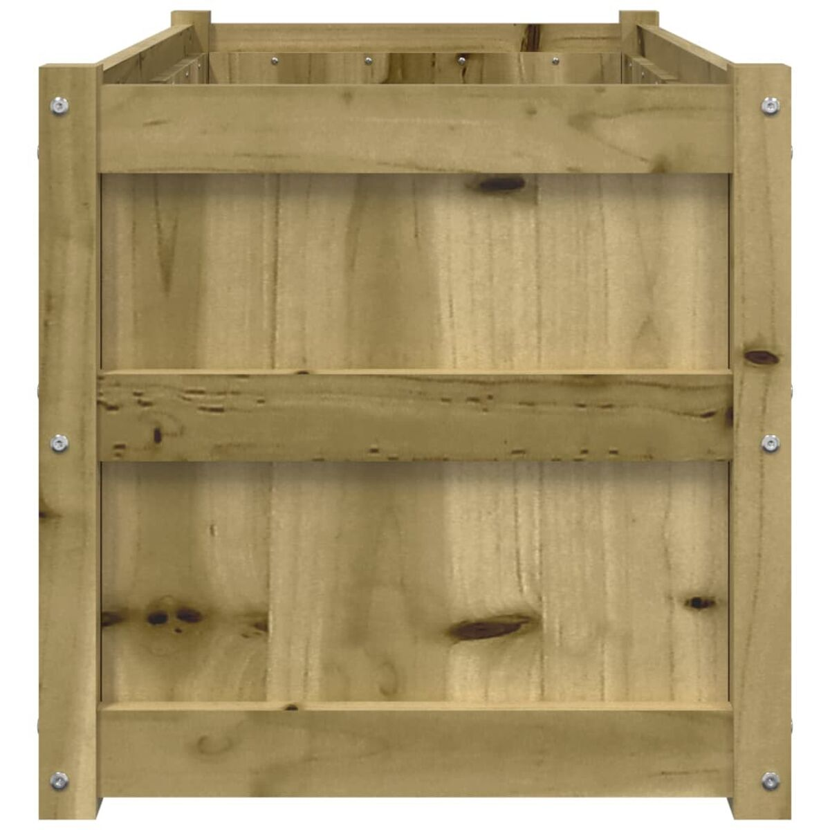 Draufsicht auf eine Holzkiste mit horizontalen Brettern, mit zwei Brettern in der Mitte und Metallnieten.