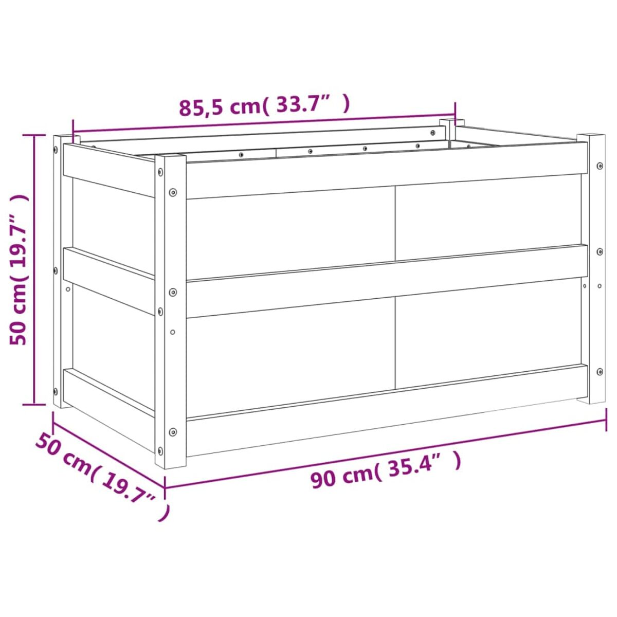 Holz-Aufbewahrungsbox mit Abmessungen in cm und Zoll.