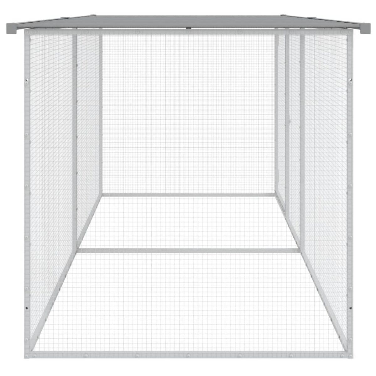 Ein Hühnerstall aus Metall mit Maschendraht. Er hat eine Oberseite und einen Rahmen.