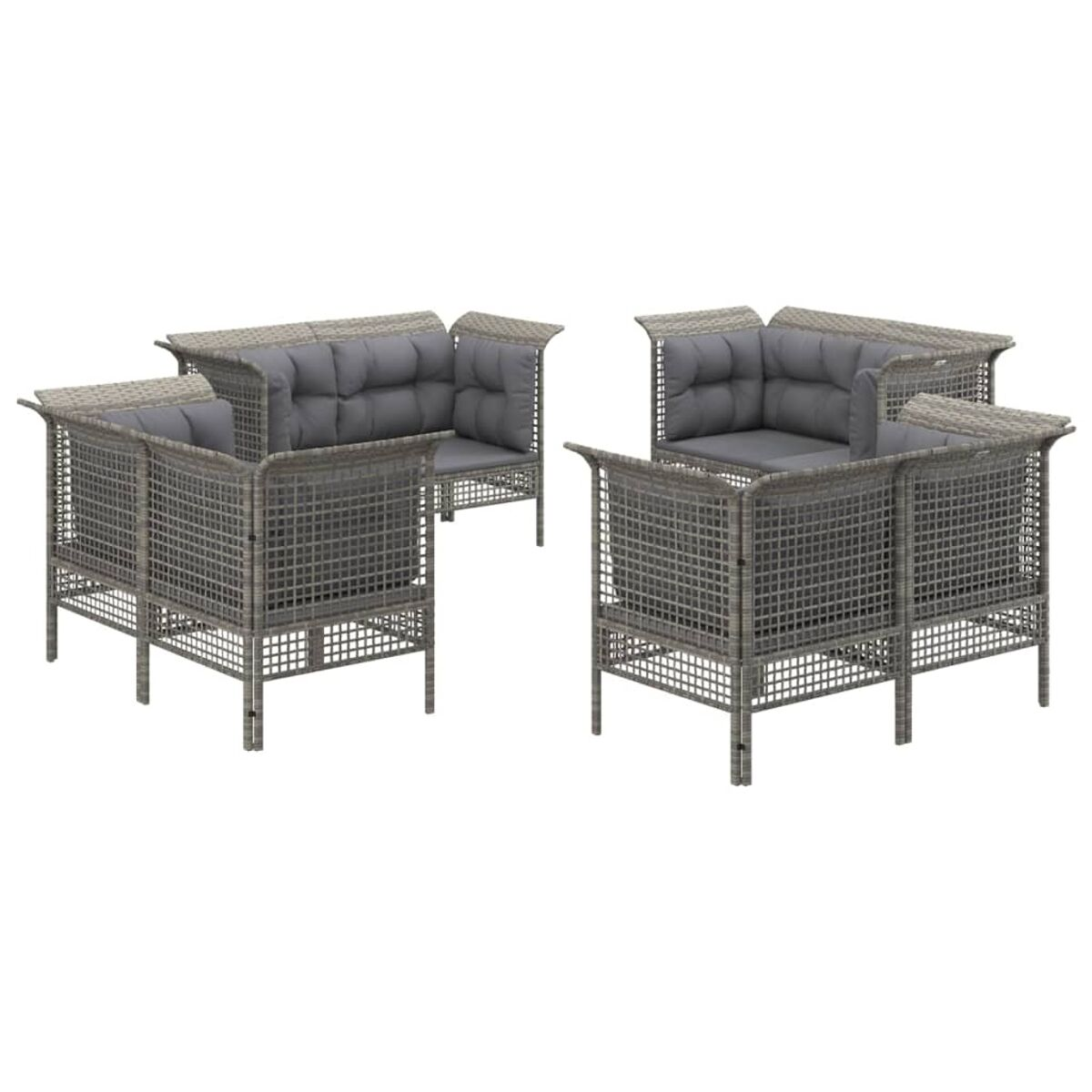 Outdoor-Rattanmöbel-Set mit grauen Kissen. Enthält mehrere Sofas.
