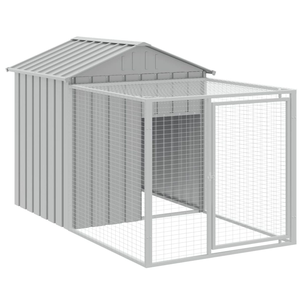 Ein graues Hundehaus aus Metall mit einem Drahtgeflechtgehäuse.