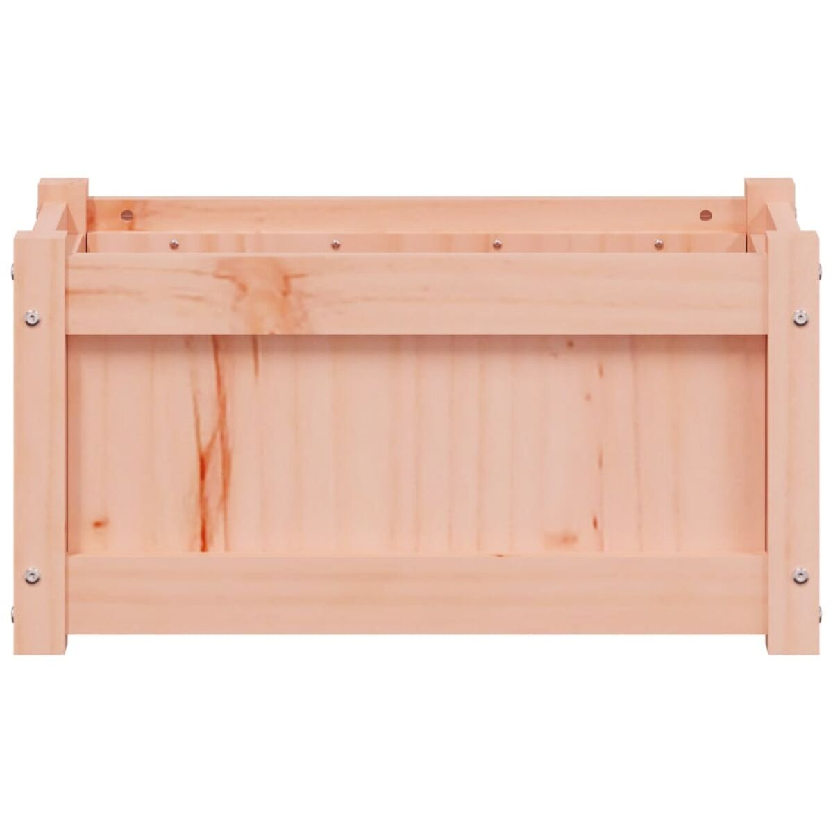 Eine hölzerne Aufbewahrungsbox. Es hat Lamellen.