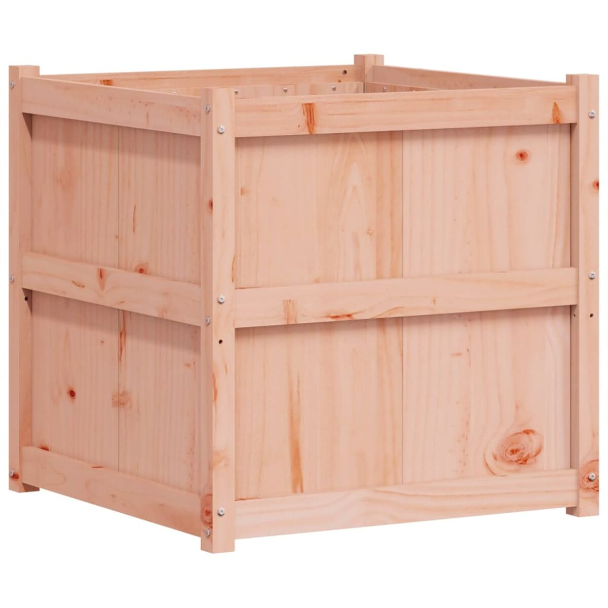 Ein hellfarbiger quadratischer Pflanzkasten aus Holz mit sichtbarer Maserung.
