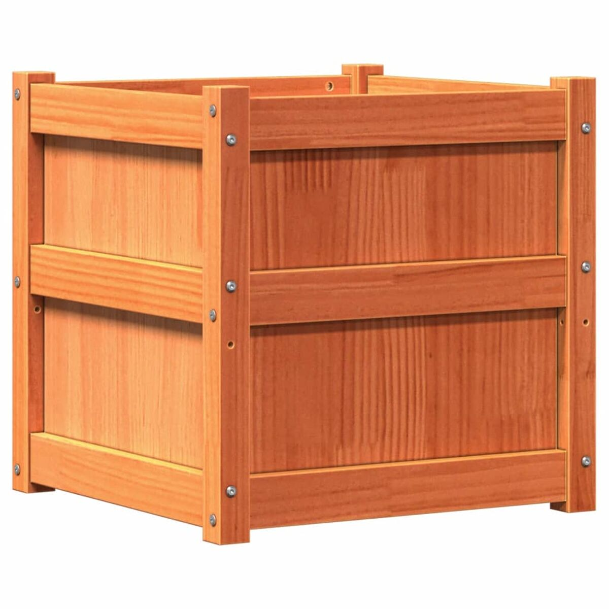 Holzpflanzkasten mit braunem Finish. Die Box hat eine rechteckige Form.