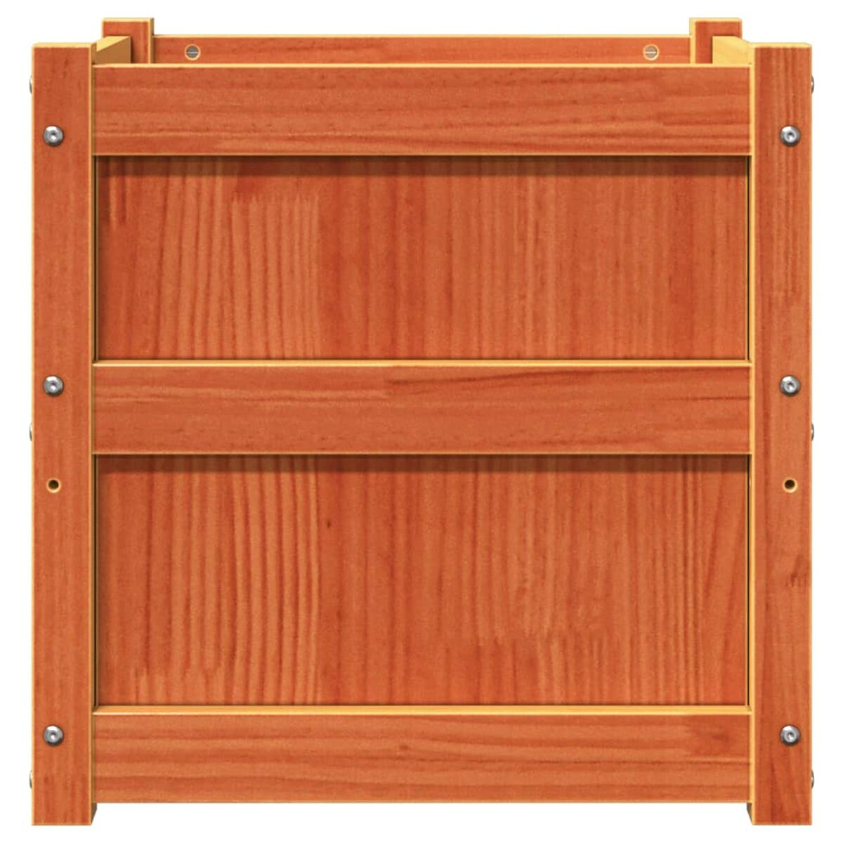 Eine Holzplattenzaun mit vertikalen Lamellen. Das Holz ist gebeizt und hat Schrauben.