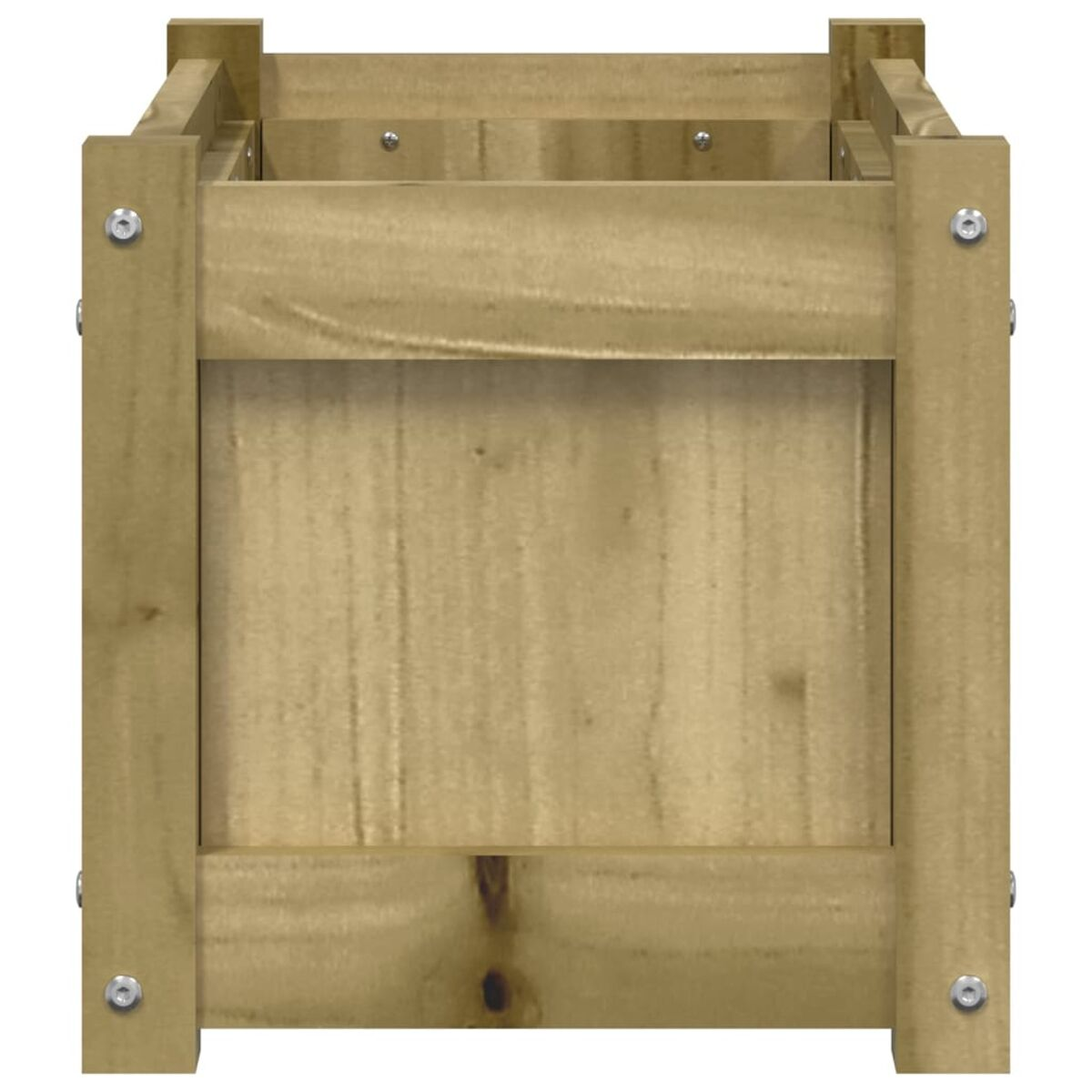 Quadratischer Holzpflanzer, unlackiert, zeigt die Konstruktion mit Schrauben.