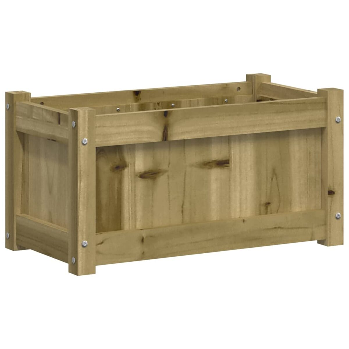 Rechteckiger Pflanzkasten aus Holz mit sichtbarer Holzmaserung und Schrauben.