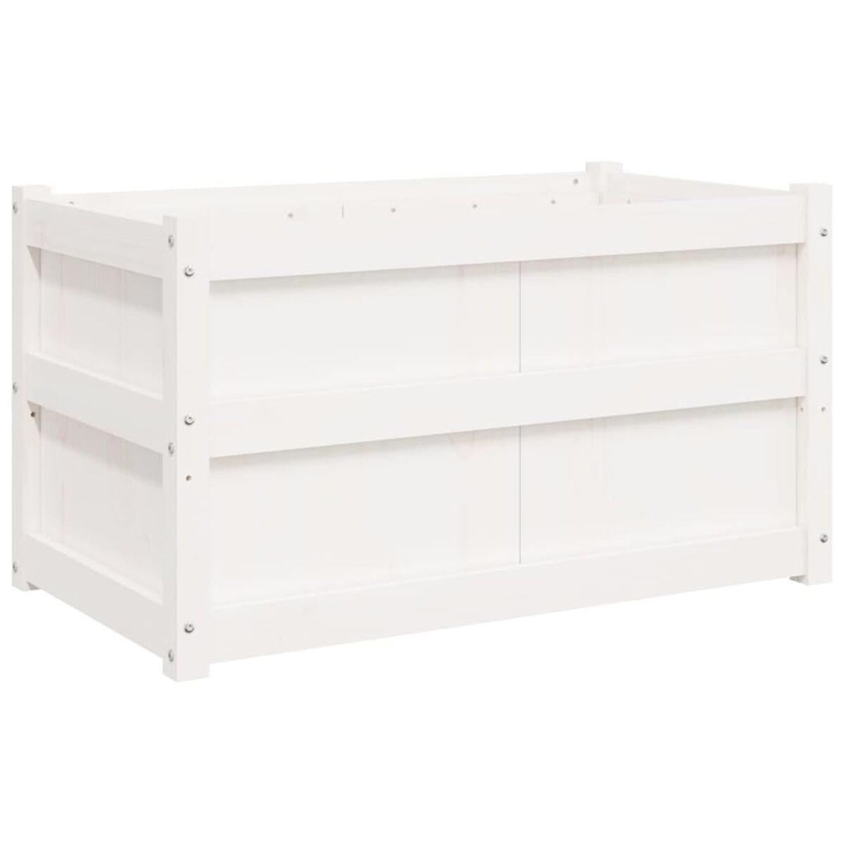 Eine weiße, rechteckige Aufbewahrungsbox mit flacher Oberseite. Die Vorderseite hat zwei horizontale Planken.