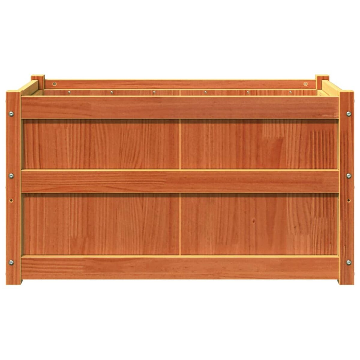 Rechteckiger Holzpflanzkasten mit sichtbarer Holzmaserung. Die Box hat eine warme, rotbraune Farbe.