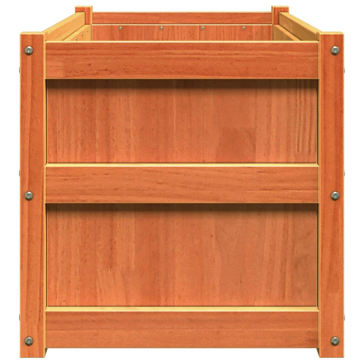 Pflanzkasten aus Holz mit quadratischer Form. Hellbraune Farbe. Weißer Hintergrund.