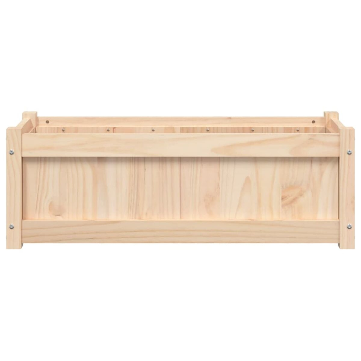Ein rechteckiger Pflanzkasten aus hellfarbigem Holz, leer.