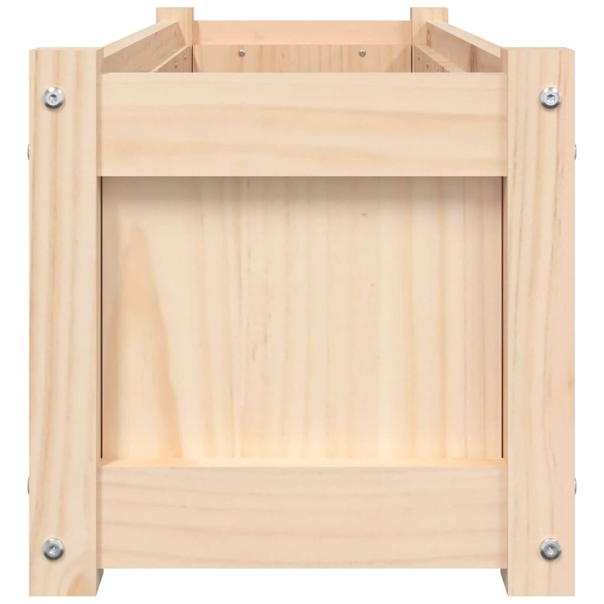 Eine quadratische Holzkiste, von oben betrachtet, mit einem einfachen, robusten Design.