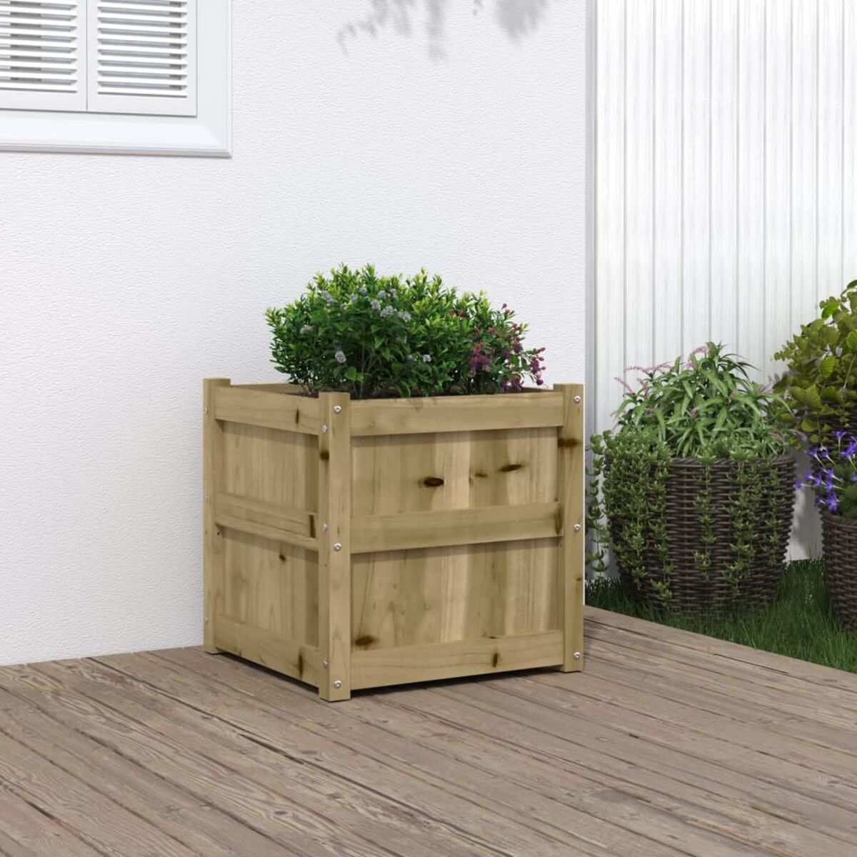 Pflanzkasten aus Holz mit einer grünen Pflanze. Auf Holzterrasse.