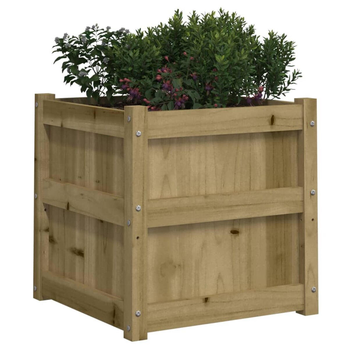 Holzpflanzkasten mit grünen Pflanzen und lila Blumen.