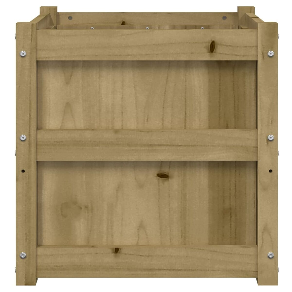 Holzkiste, von oben betrachtet. Sie hat zwei Regale und Metallbeschläge.