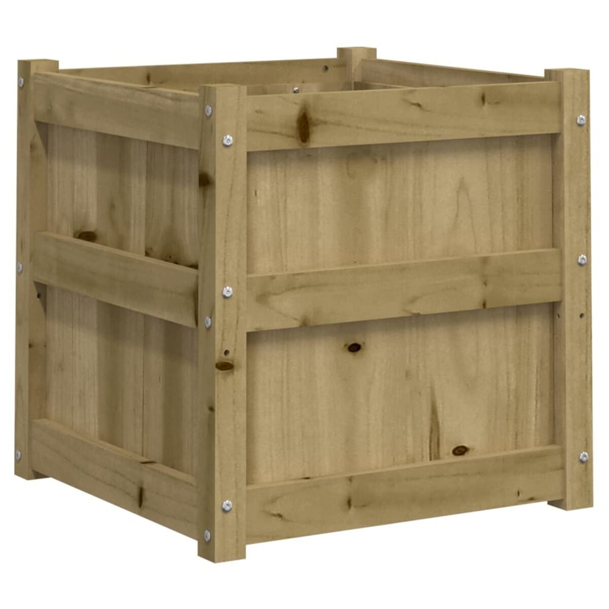 Eine hellbraune Holzkiste mit vertikalen und horizontalen Brettern, auf weißem Hintergrund.