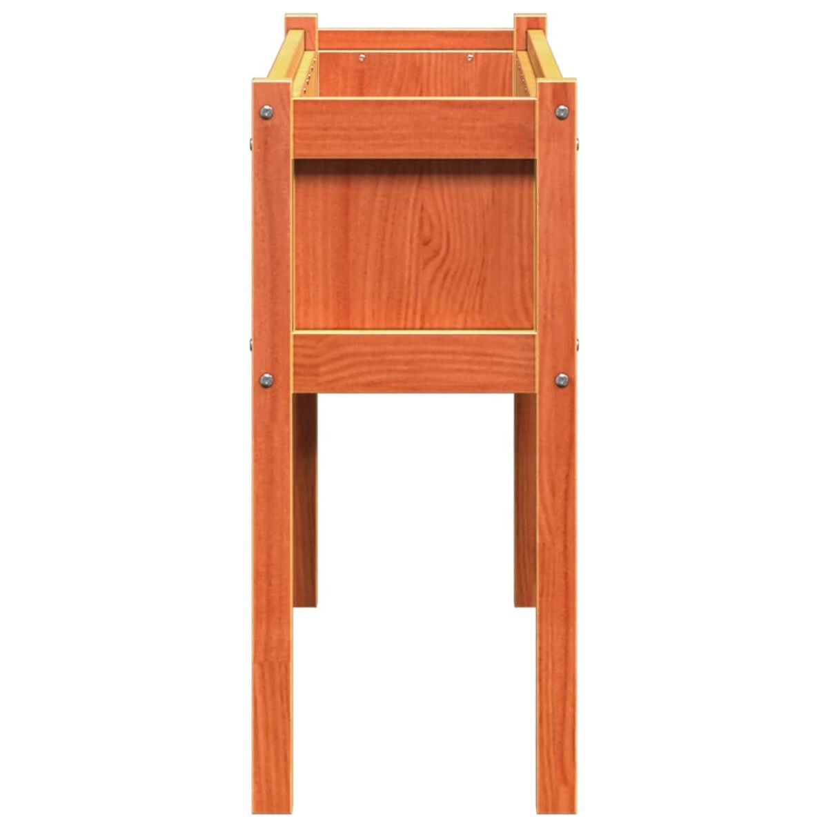 Pflanzkasten aus Holz mit Beinen. Hellbraune Farbe. Der Pflanzer ist leer.