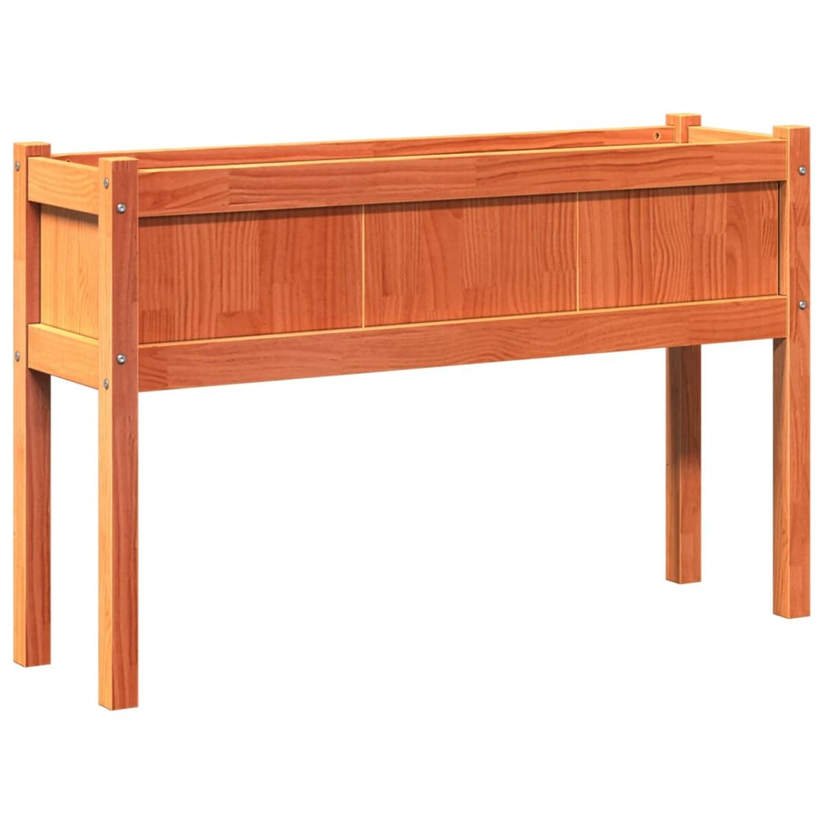 Pflanzkasten aus Holz mit Beinen. Braunes Holz mit rechteckiger Form.