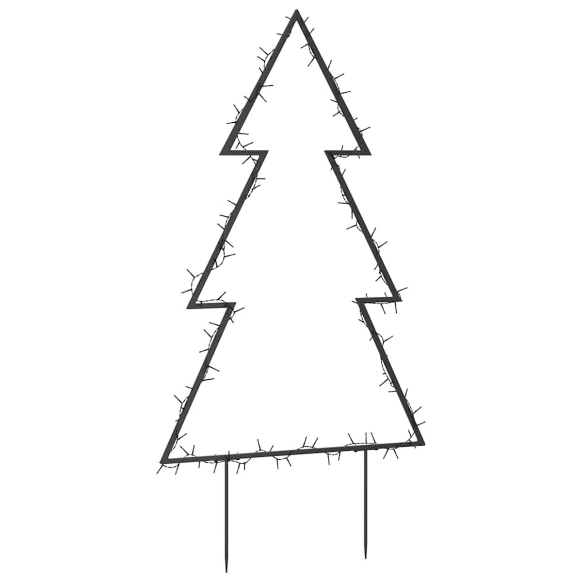 Schwarze Metall-Weihnachtsbaum-Umrisse mit Lichtern, zwei Metallpfähle unten.