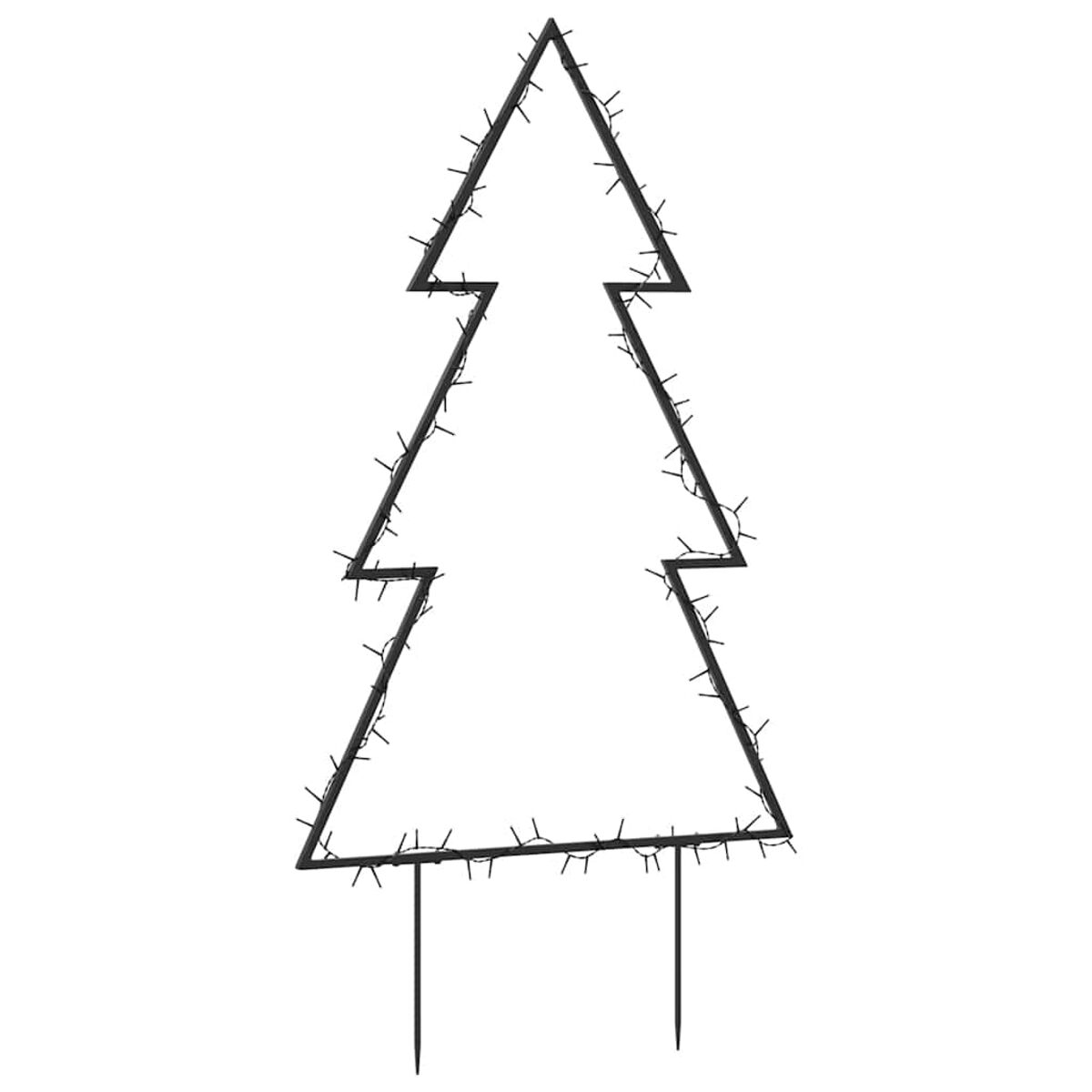 Schwarze Metall-Umriss eines Weihnachtsbaums mit Lichtern. Baum hat modernes Design, weißer Hintergrund.