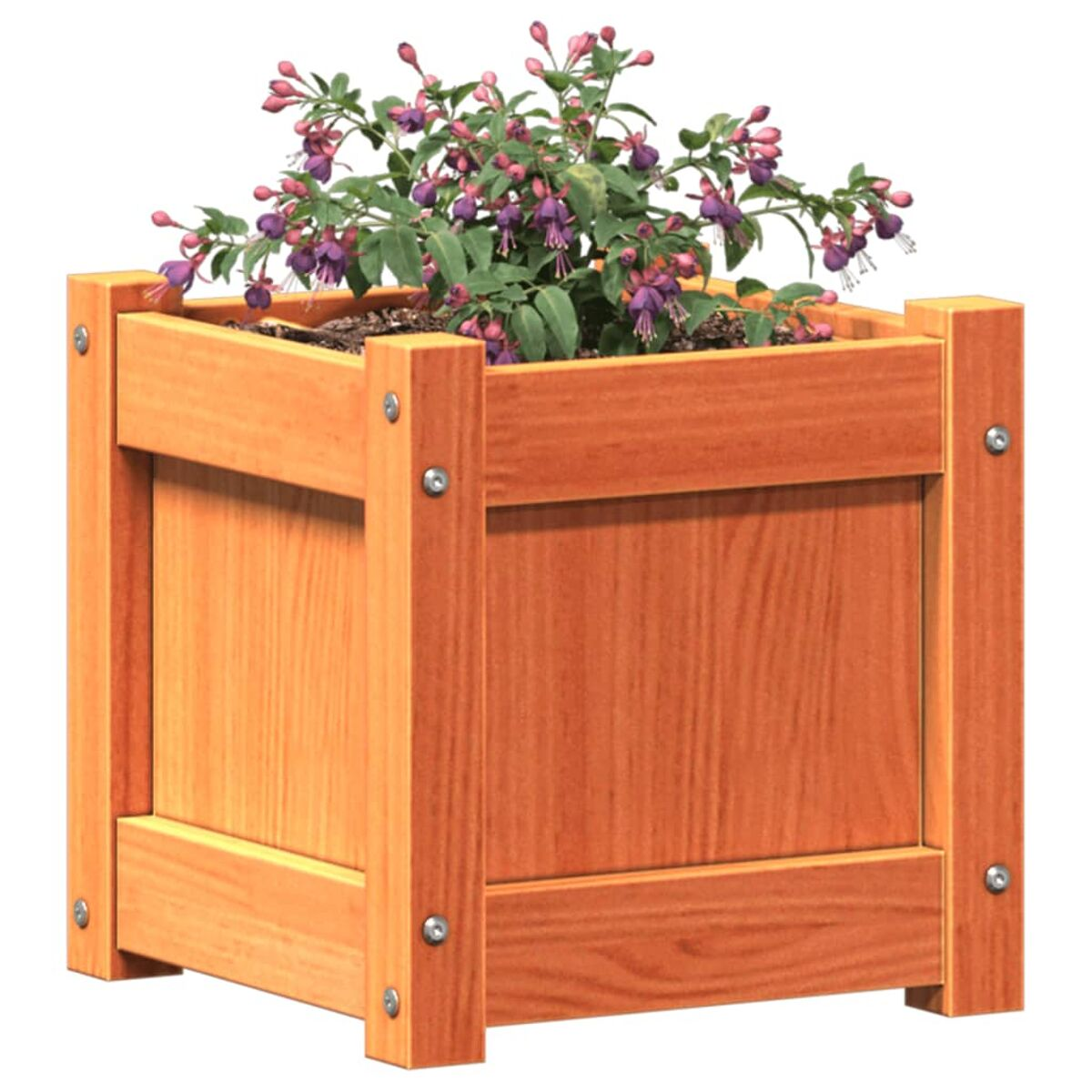 Ein hölzerner Pflanzkasten mit quadratischer Form. Der Pflanzkasten ist voller lila Blumen.