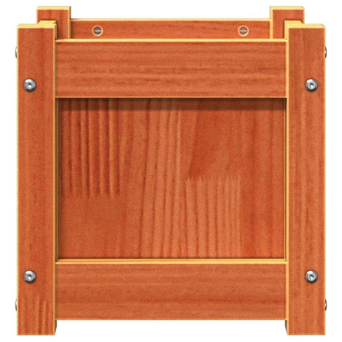 Eine quadratische Holzkiste mit sichtbarer Holzmaserung und Metallbefestigungen.