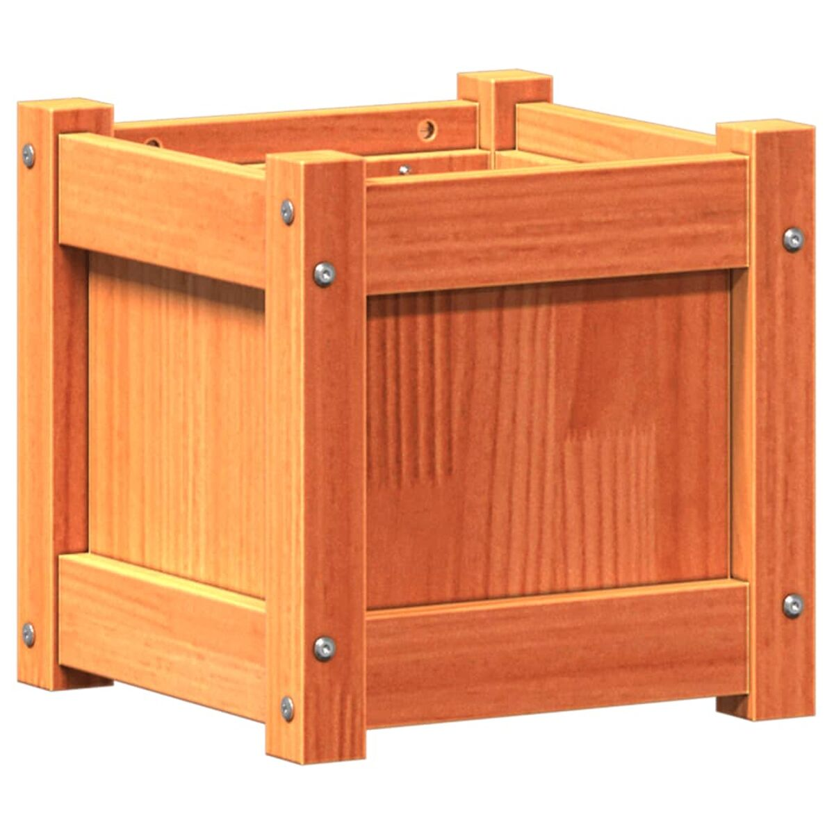 Eine hölzerne Pflanzkasten. Es ist würfelförmig mit einer quadratischen Öffnung oben. Aus braunem Holz.