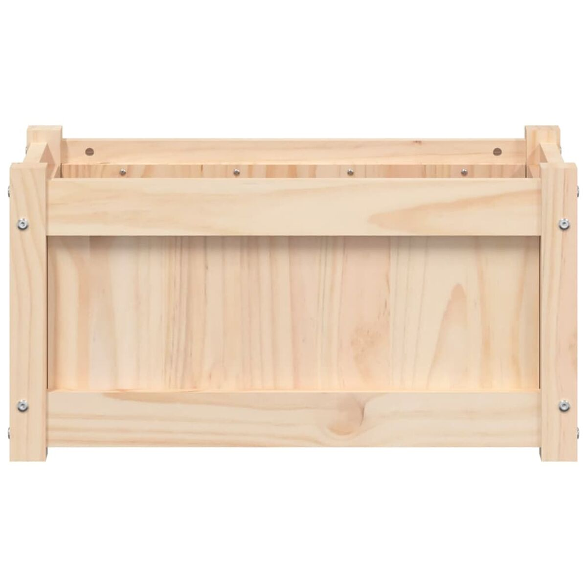Eine Holzkiste, von vorne betrachtet. Die Kiste hat eine rechteckige Form mit sichtbaren Schrauben und Lamellen.
