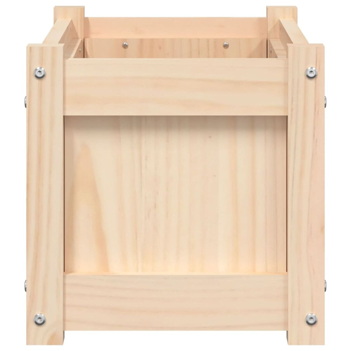 Eine Holzpflanzkasten, aus hellbraunem Holz, mit sichtbaren Schrauben. Die Box ist leer.